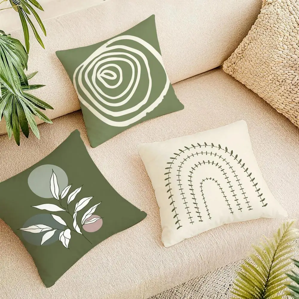 Cute Art Olive Green Plant Cushion Cover Short Plush Pillowcase, Washable Wrinkle Resistant Cover for Bedroom Gift