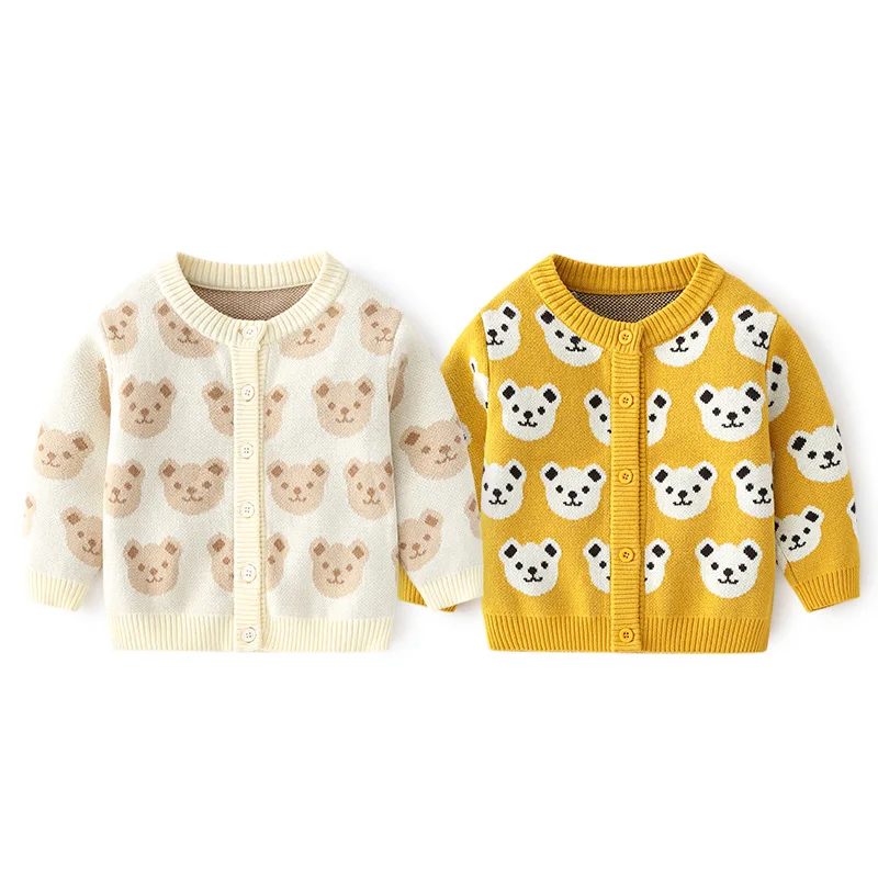 Ins Spring Autumn Children Boys 100% Cotton Sweater Single Breasted Little Boys Knitwear Cartoon Bear Print Baby Boys Coat