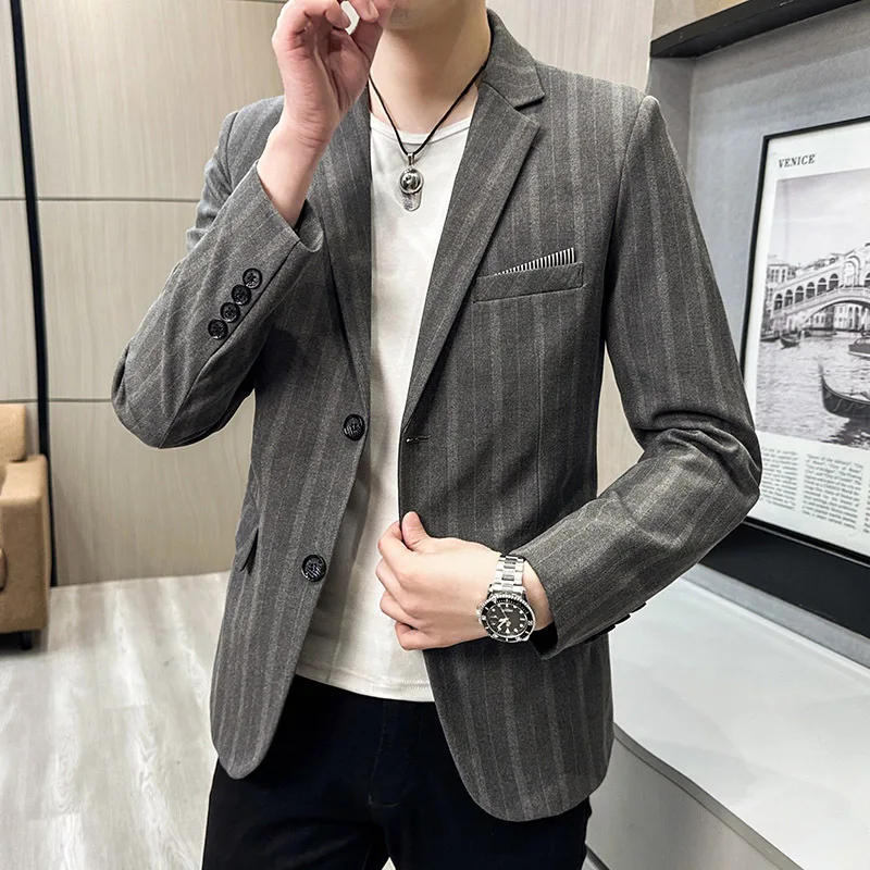 

2023 Autumn Striped Blazer Masculino Fashion Slim Fit Casual Business Suits Jackets Wedding Groom Streetwear Social coats