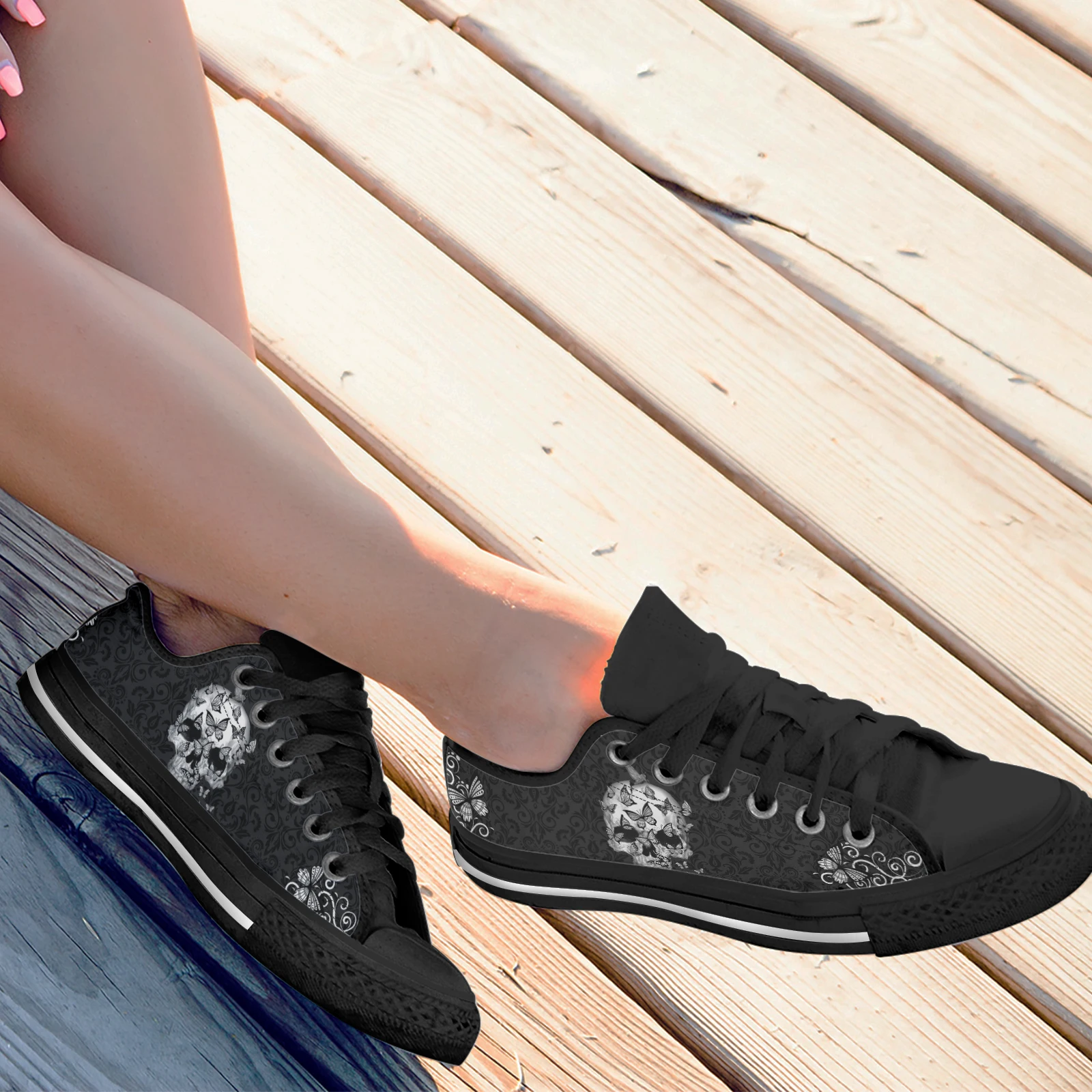 ELVISWORDS Black Gothic Skull Design Brand Canvas Shoes Butterfly Skull Print Lace-Up Flats Skull Casual Sneakers Chaussure
