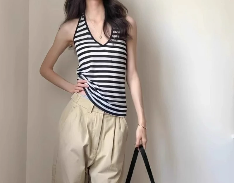 

Striped Back Neck Sling Vest Women's Summer Slim Fit Inner Design Halter Sleeveless Outer Top