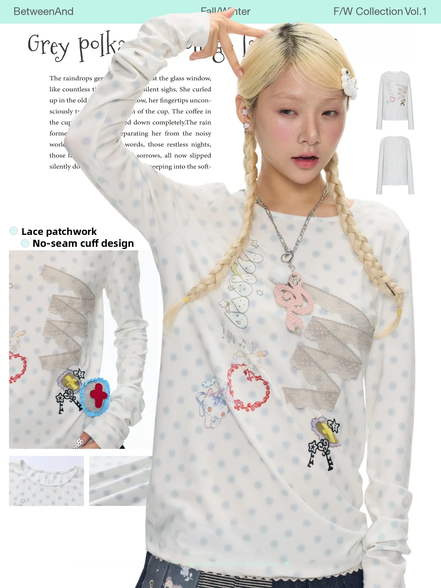 BENAND White Patchwork Lace Long Sleeve T-Shirt Women's Top Spring Autumn Fashion Cute Polka Dot Print Commute Style Slim Fit