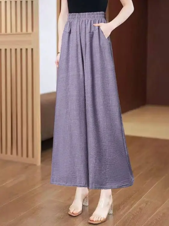 Primavera outono solto calças de perna larga feminina drapeado versão fina calças casuais cintura alta elástica poliéster calças casuais