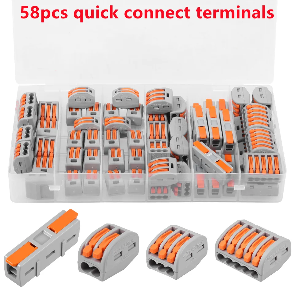 

58 шт., электрические рычажные разъемы для проводов, зажим для электрического кабеля, мини-быстрый электрический вставной разъем для осветительного клеммного блока