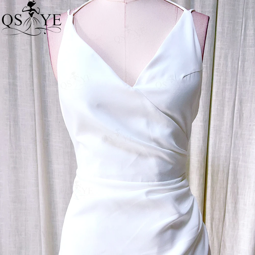 QSYYE White Satin Prom Dresses A line V neck Ruched Simple Evening Gown Empire Waist Princess White Party Gown