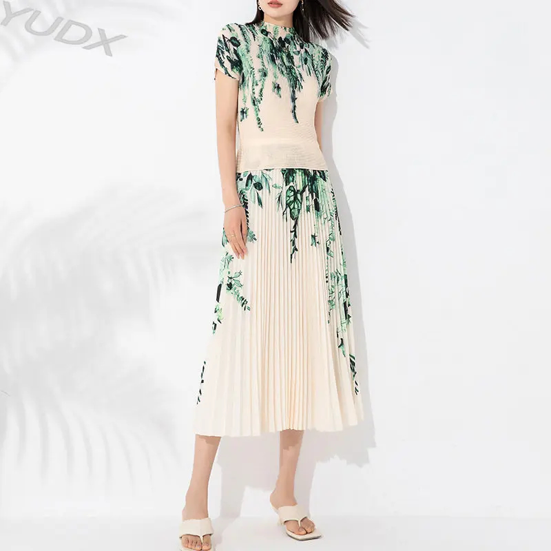 

YUDX Miyake Print Fashion Suit Women Pleated 2023 Summer New Stretch Thin Top + Comfortable High Waist Half Skirt Two-piece Set