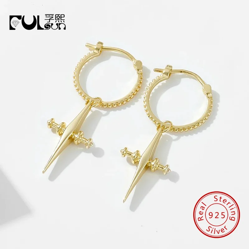 925 Sterling Silver 14K Gold Plated Beaded Hoop Spike Cross Dangle Earrings Punk Gothic Women Drop Huggie Earrings