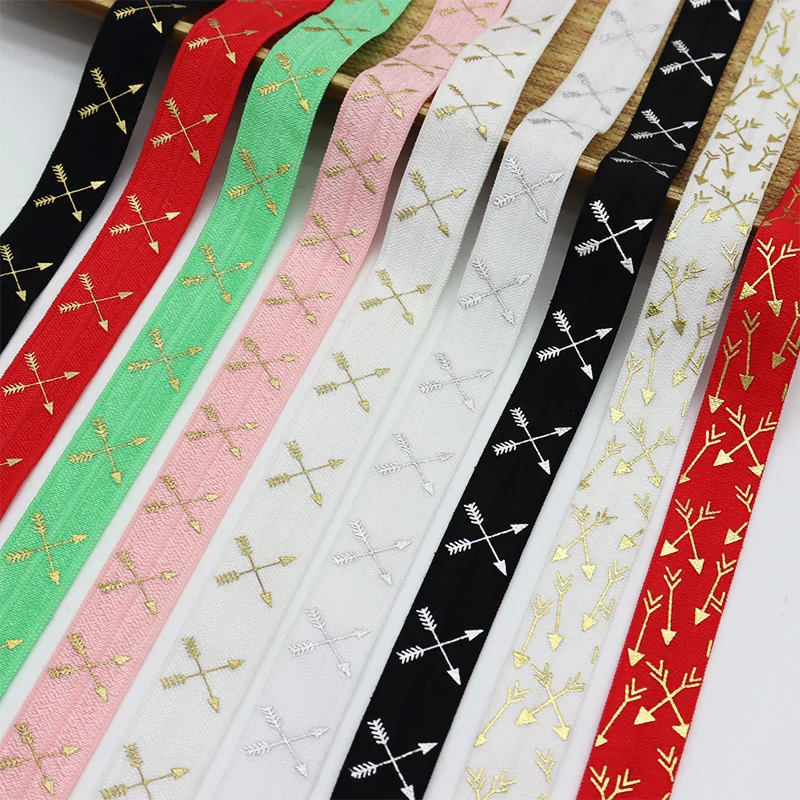 

5/8" 15mm Gold Foil Random Arrow Printed FOE Ribbon Cross Arrow Fold Over Elastic Band For Hair Ties DIY Sewing Accessories