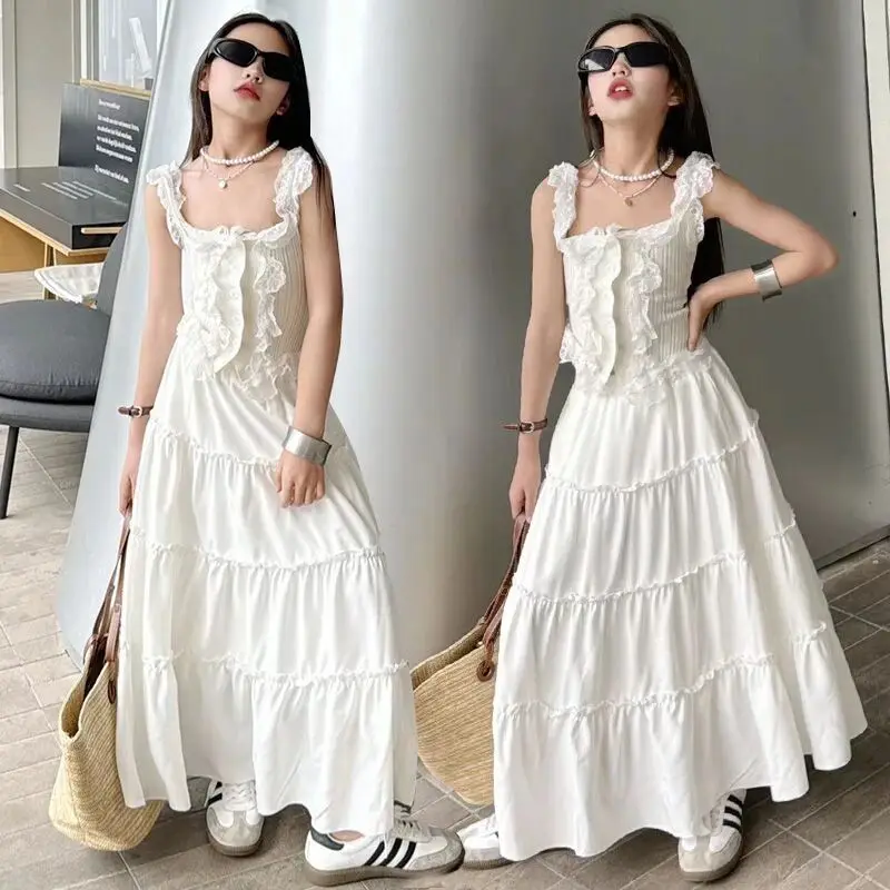 

Teenage Girls' Set Summer Clothing New Children's Solid Color Lace Top+Long Skirt 2-piece Set 120-170cm