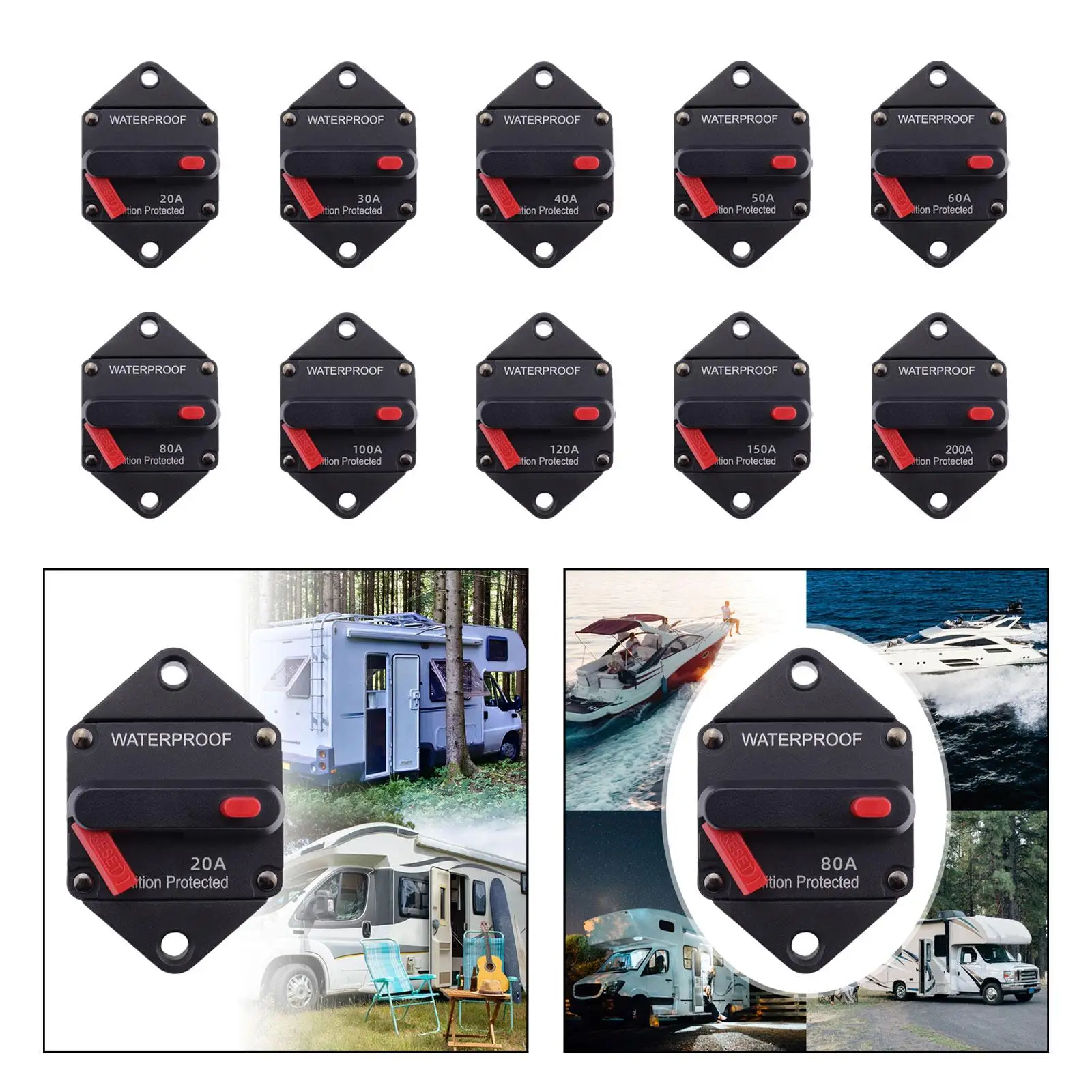 Circuit Breaker with Manual Reset Button, , High Performance, Premium Waterproof Fuse Inverter for RV Trailer Truck