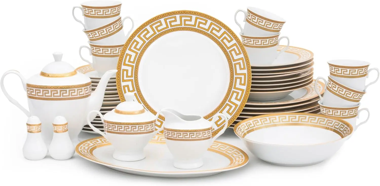 

Porcelain Dinnerware Set for 8 - Luxurious 49 Piece Dish Set - White and Gold Greek Key Design - Dinner Plates, Bowls, Cups and