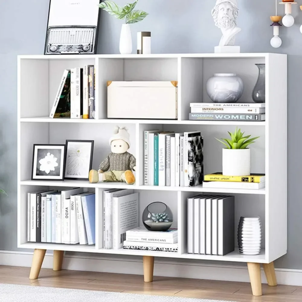 Wooden Open Shelf Bookcase - 3-Tier Floor Standing Display Cabinet Rack with Legs, 8 Cubes Bookshelf, Warm White image 2