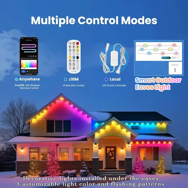 أضواء RGB خارجية دائمة، أضواء LED ذكية مقاومة للماء مع تطبيق/جهاز تحكم عن بعد، لعيد الميلاد وجميع ديكور العطلات.