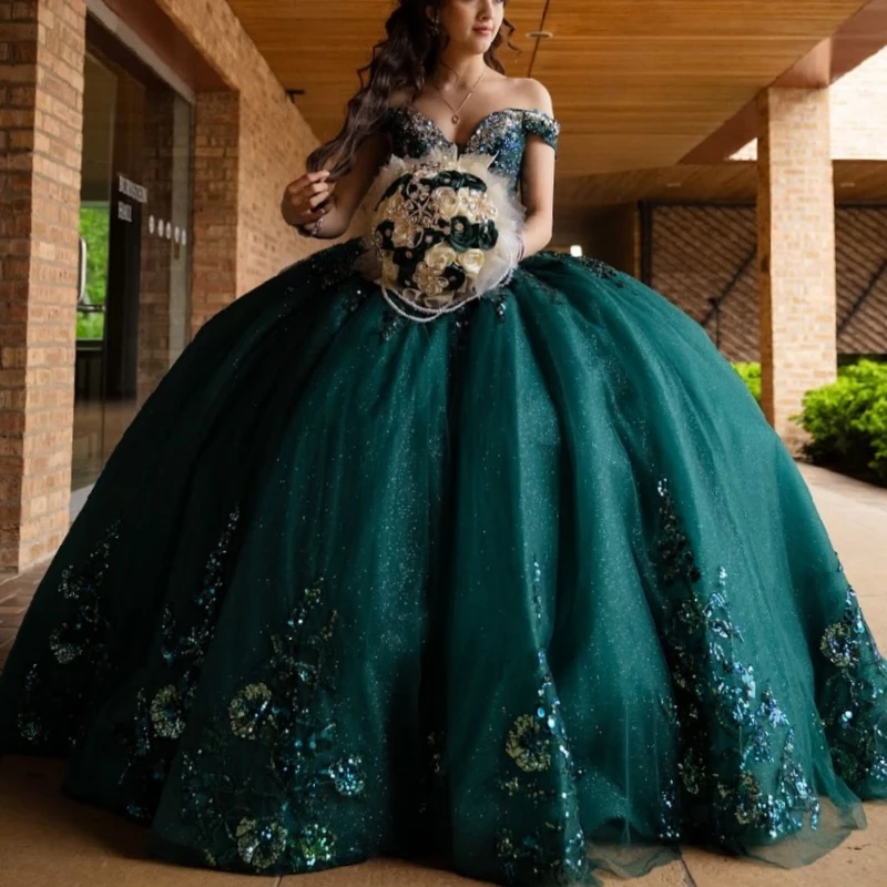 

Dark Green Shiny Quinceanera Dresses Off The Shoulder Sequin Applique Lace Beading Crystal Tull Party Birthday Sweet 16 Dress