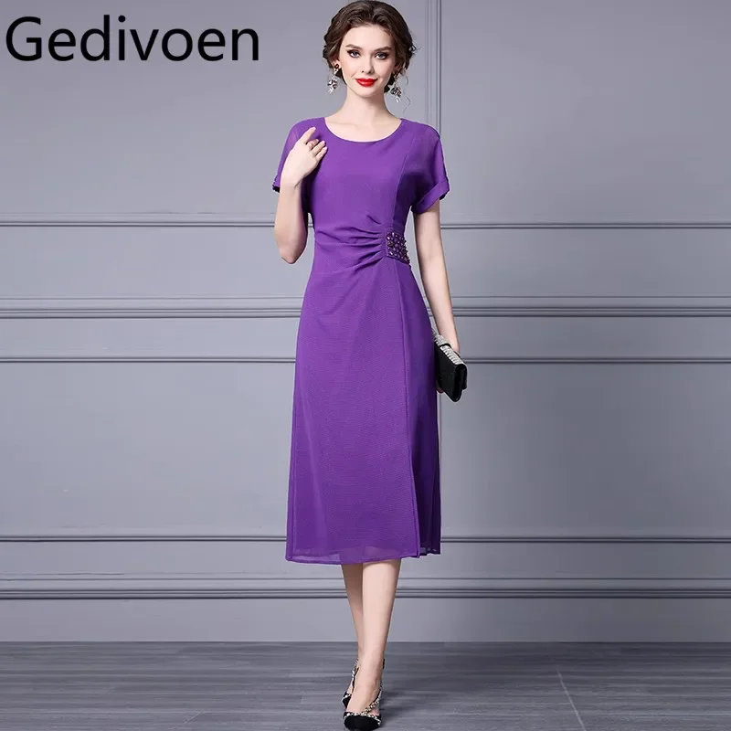 

Gedivoen Summer Fashion Runway Designer Dresses Women's Chiffon Solid Color Ruched Nail Bead Temperament Medium Length Dresses