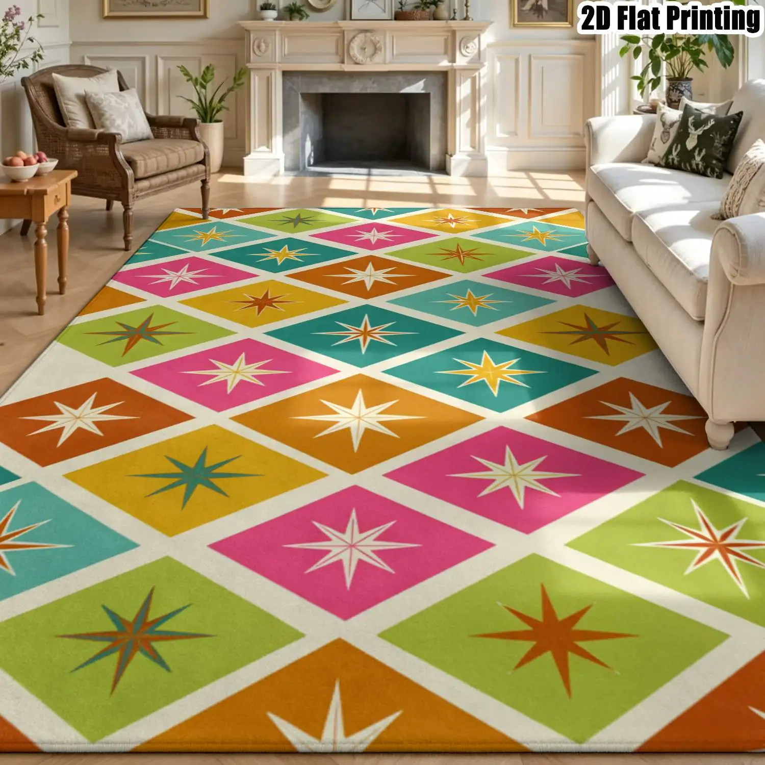 1Pc 2D Printed Carpet: Colorful Starburst Geometric Retro/Nordic/Minimalist Style, Home Decor, Multi-Size, Machine Washable, for Entryway, Dining Room, Bedroom, Living Room, Study
