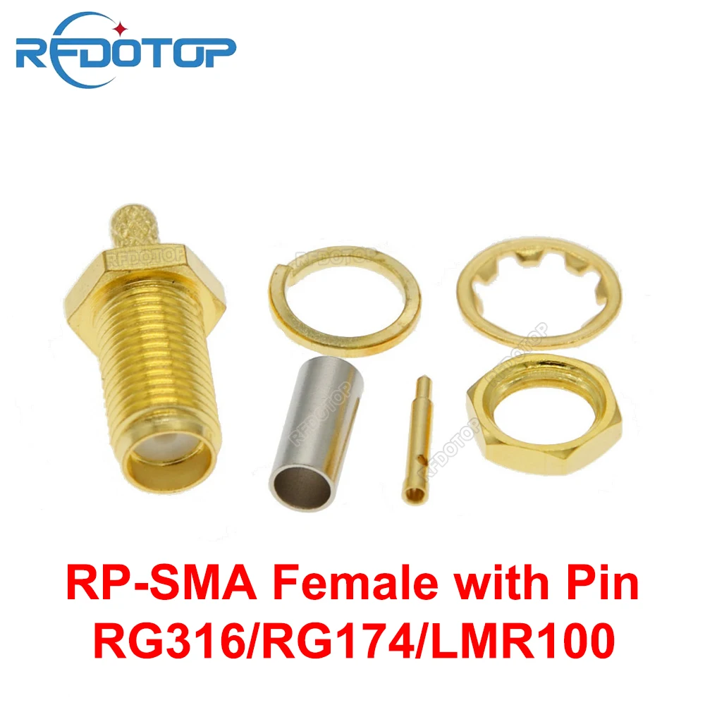 RPSMA 암 잭 커넥터 센터 크림프 케이블 너트 벌크헤드 RPSMA-50J-1.5 RF 커넥터, 금도금, 50Ohm, RG174, RG316, LMR100
