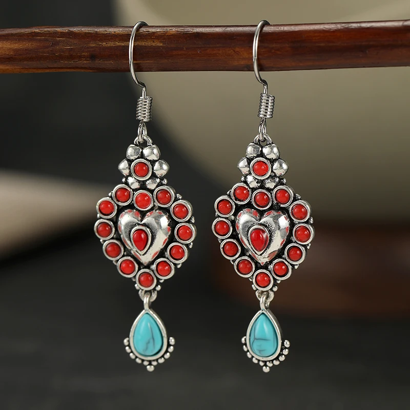 Bohemian Ethnic Style Synthetic Turquoise Heart Shape Dangle Earrings for Women Vintage Delicate Banquet Vacation Trendy Jewelry
