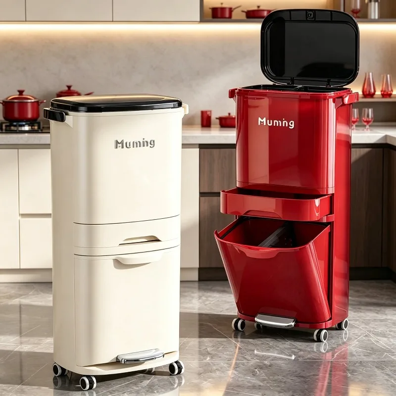 Ergonomic No Bend Kitchen Trash Can Pedal Bin Wheels Dry Wet Separation Kitchen Trash Bin No Bending Over Trash Can Bathroom Bin