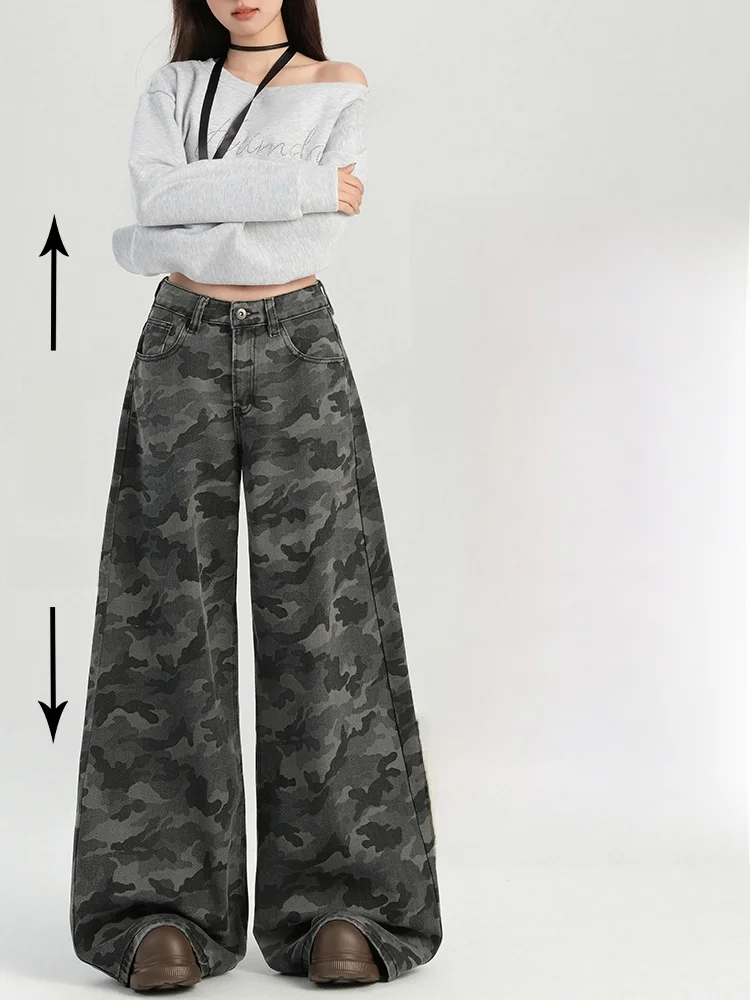 하이웨이스트 와이드 레그 카모플라주 데님 팬츠 여성용 봄 루즈핏 스트레이트 레그 트라우저 배형 체형 슬리밍 진