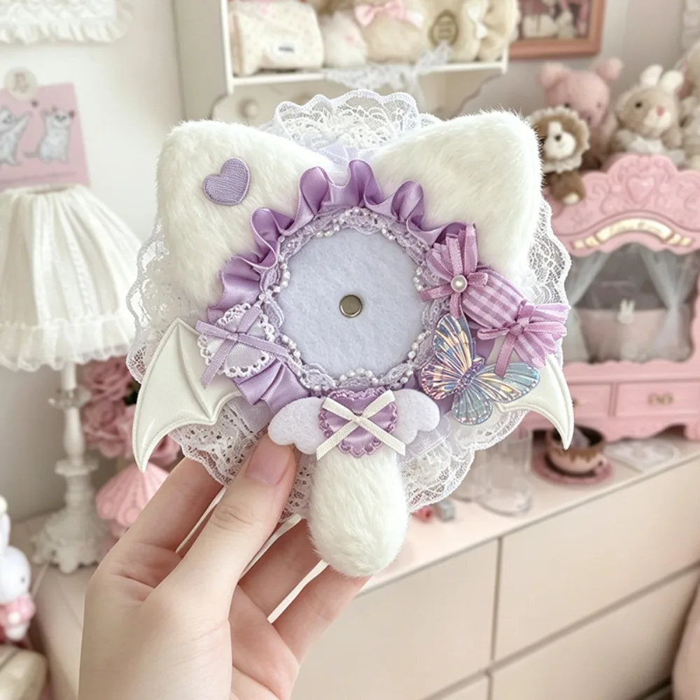 Cute Cat-Ear Shape Badge Display Case Lace Edged Bow Design Badge Holder Soft White Wings Can Badge Cover Ita Bag