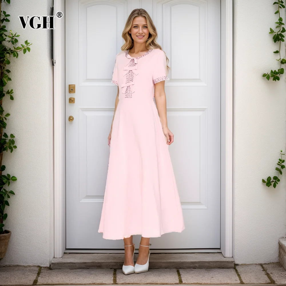 

VGH Patchwork Bowknot Elegant Dresses For Women Round Neck Short Sleeve High Waist Spliced Diamonds Slimming Dress Female Style