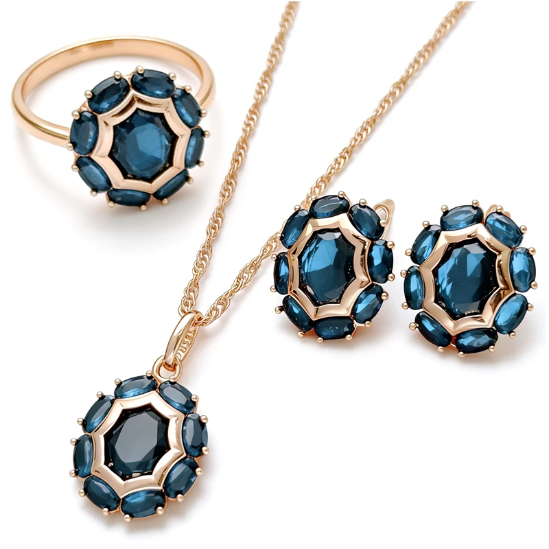 Kinel Unusual Shiny Oval Blue Natural Zircon Ring Earrings Necklace for Women Trend 585 Rose Gold Color Daily 3pcs Jewelry Sets