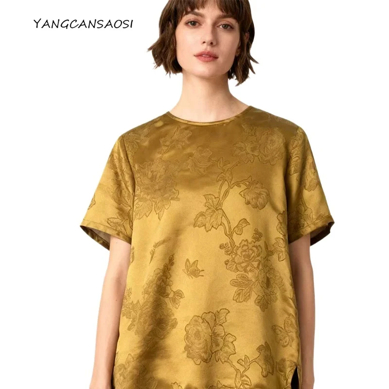 

Women's Fashion Clothing New Heavy 100% Natural Mulberry Silk Gambiered Guangdong Gauze Round Neck Short Sleeve T-shirt