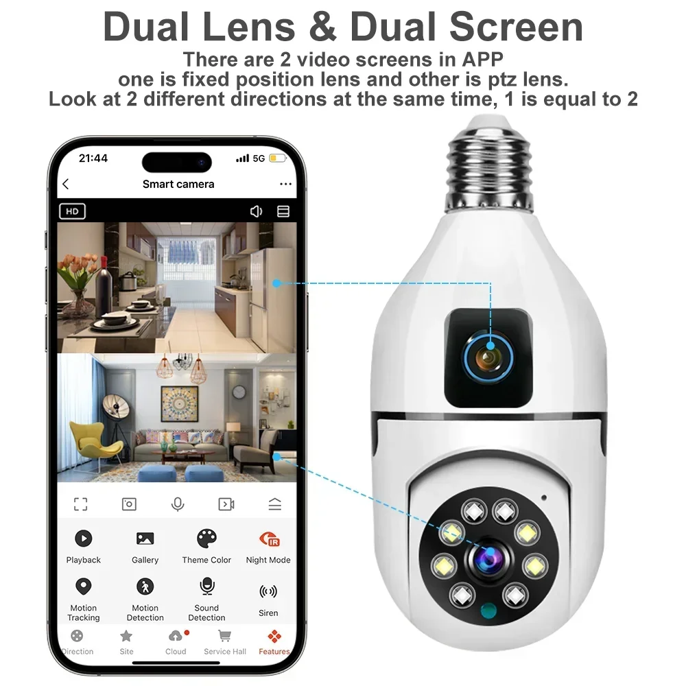 Tuya 8MP E27 Bulb WIFI Camera Dual Lens AI Human Tracking Voice Alarm Two-way Audio Dual Screen Smart Home Surveillance Camera