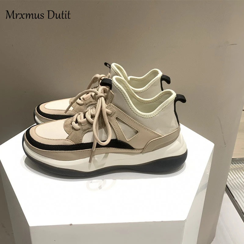 Mrxmus Dutit 2023 Fashion Women New Genuine Leather Patchwork Lacing Sneakers Casual Simple Thick Sole Versatile Shoes Female