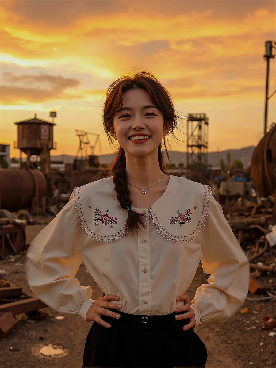 

Women Shirts Lantern Sleeve Peter Pan Collar V Neck Front Button Elegant Simple Basic Minimalist Fashion Style Female Tops