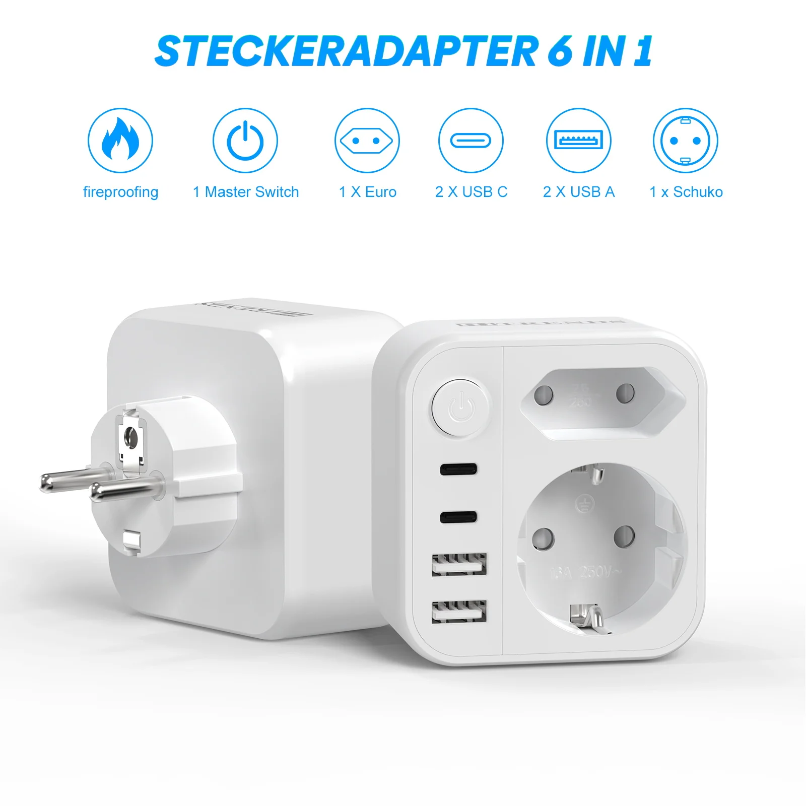 【 6-in-1 EU Adapter 】Schuko + European Socket, with 4 USB Ports (2 USB-C Ports), 17W Fast Charging/Fire Overload Protection
