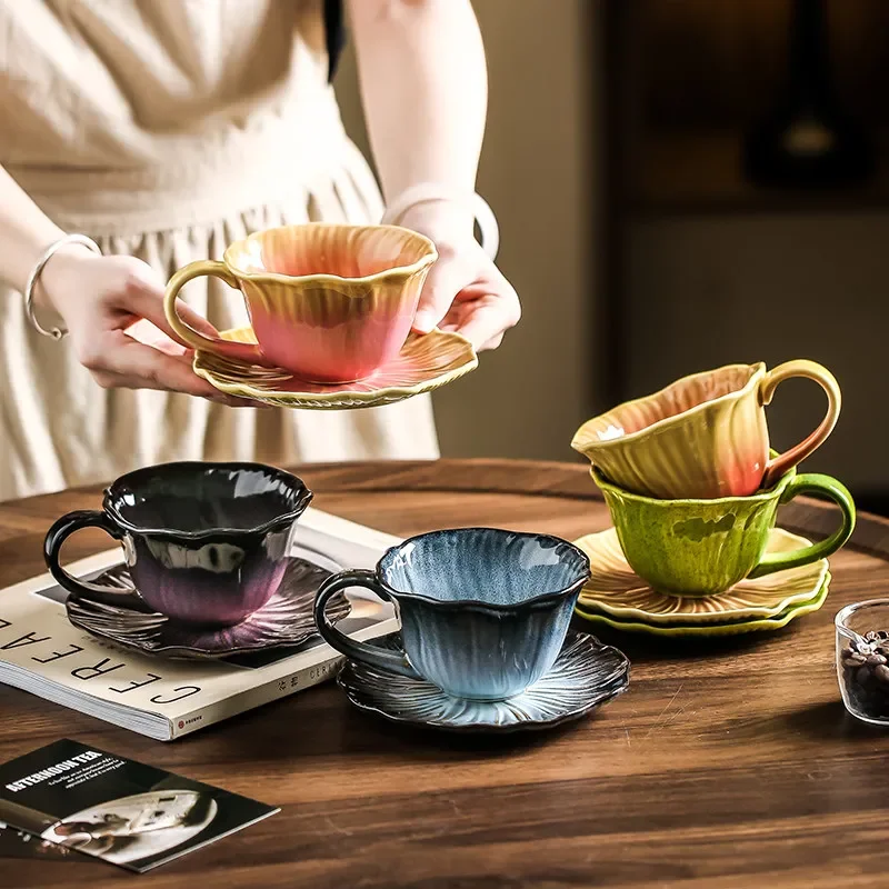 Floral Kiln Glaze Ceramic Coffee Cup Saucer Niche Aesthetic Latte Mug High Beauty Creative Tableware For Home Afternoon Tea