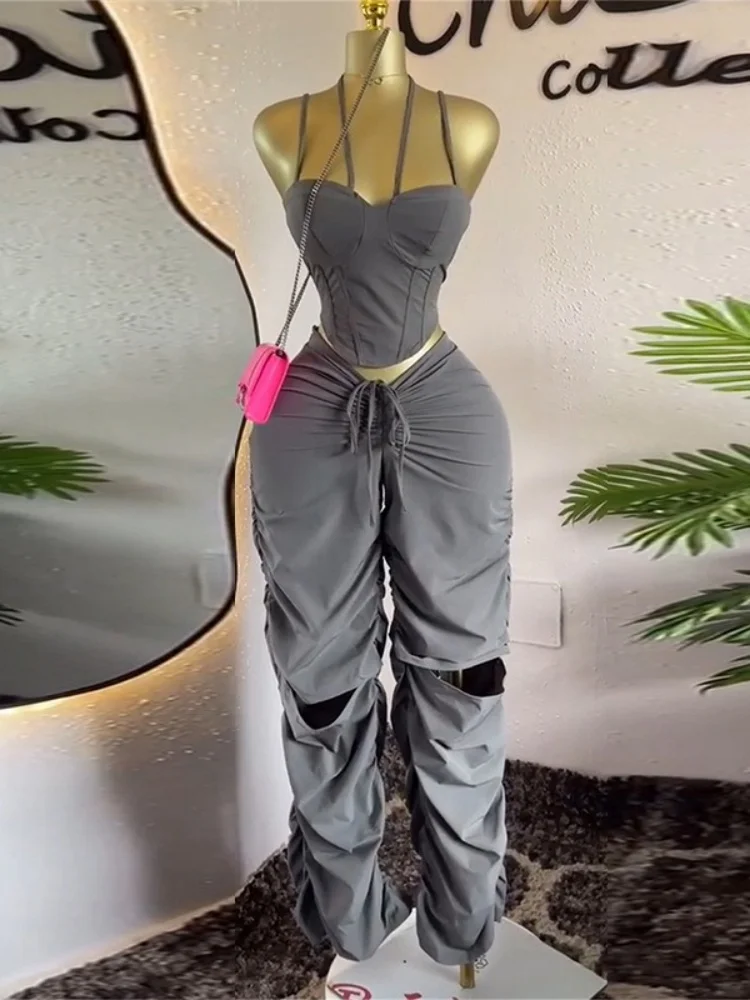 Wmstar Two Piece Set Women Wholesale Sweet Fresh Summer 2025 Wear Featuring A Halter Top High Waisted Ripped Casual Pants