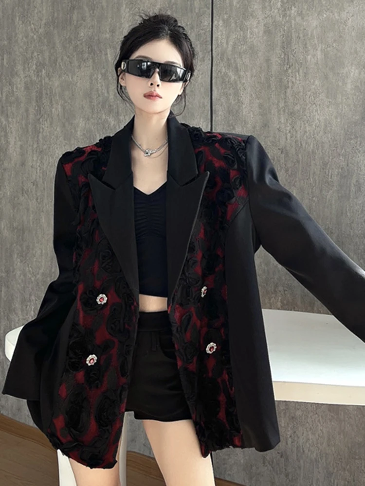 YERMORA Zwart Gesplitste Bloem Knop Casual Blazer Voor Vrouwen Revers Lange Mouw Losse Nieuwe Jas Mode Tij Lente Herfst 2025