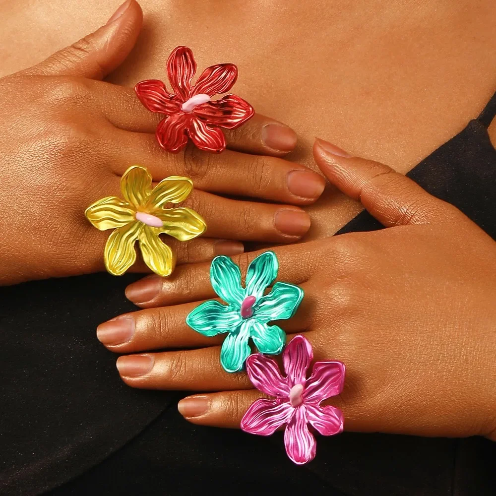 Creative Exaggerated Colored Pink Green Stereo Flowers Adjustable Opening Rings for Women Retro Personality Finger Jewelry Gifts