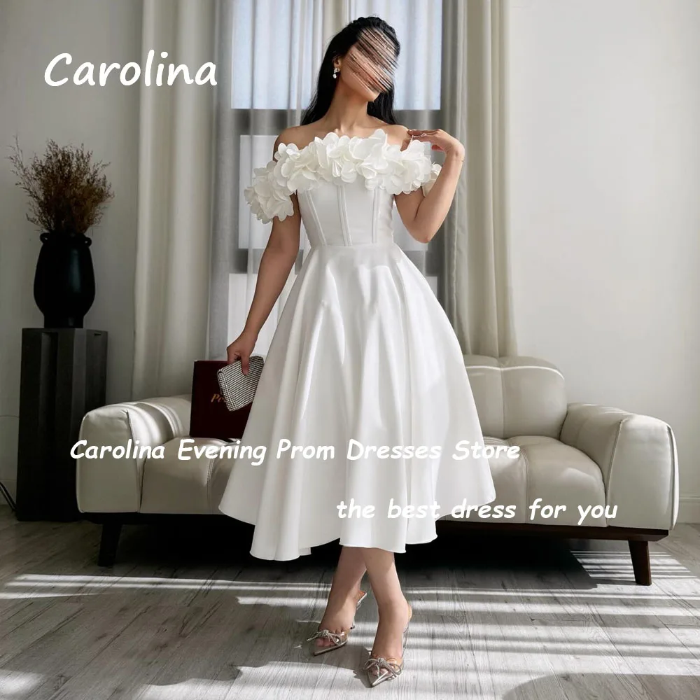 Carolina White Simple Appliques Off The Shoulder A-LINE Formal Evening Dress Saudi Arabia 2024 Slim Crepe Tea-Length Prom Dress