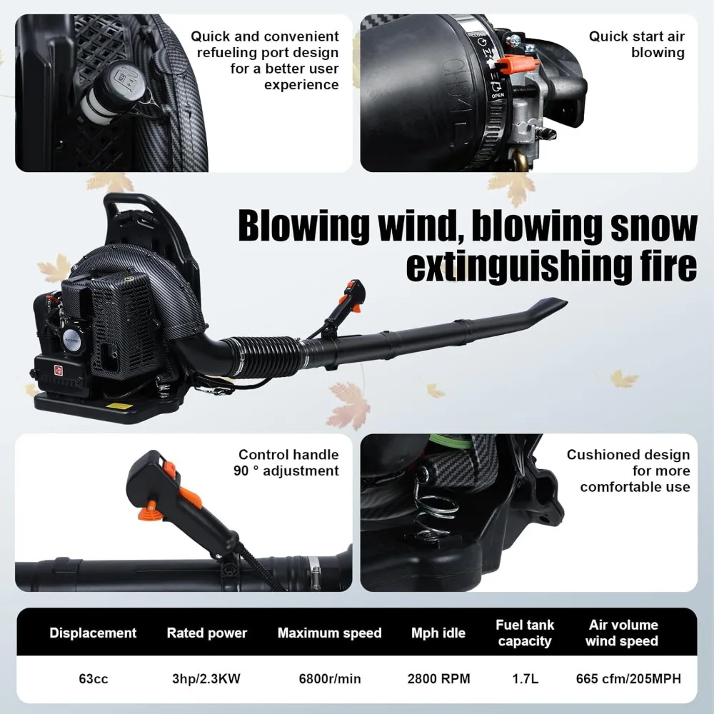 Gas Leaf Blower, 2-Stroke Engine 63CC 3HP Backpack Leaf Blower, High-Velocity 665 CFM, 205MPH, Gas Powered Snow Blower