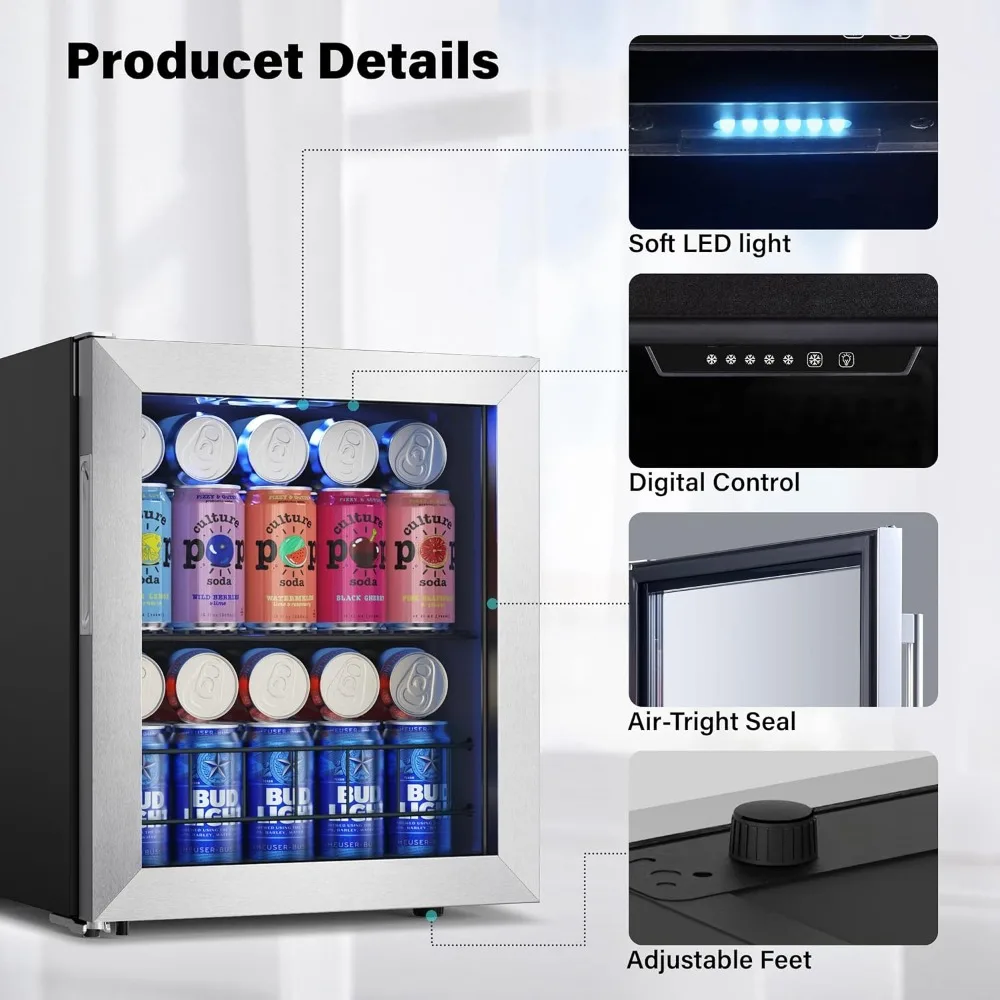 1.6 Cu.Ft Beverage Refrigerator Cooler, 62 Cans Adjustable Shelving Mini Fridge with Glass Door for Beer Drinks Wines