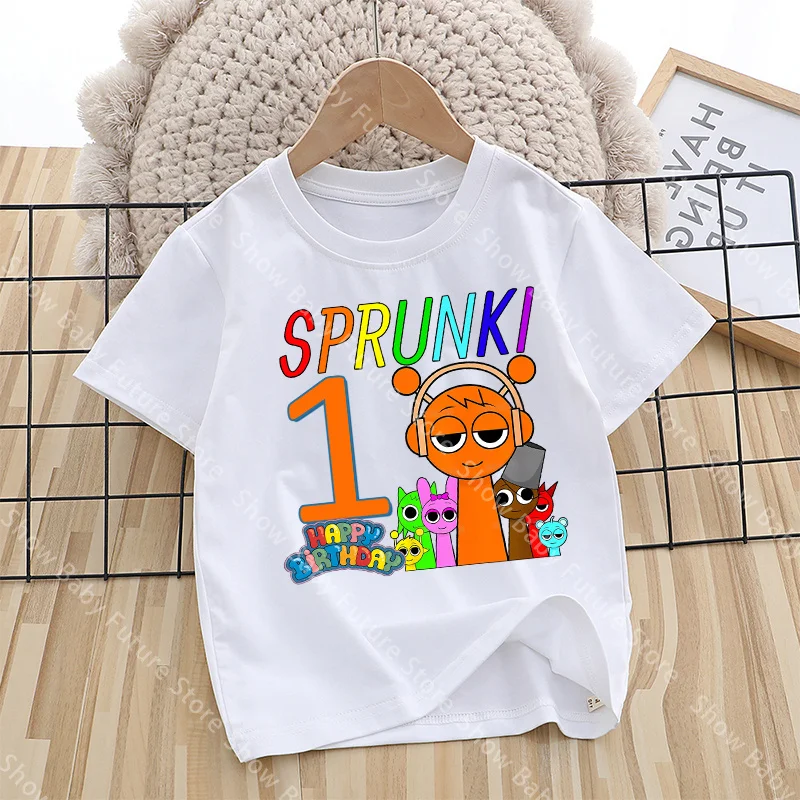 Printed Party Birthday T Shirt for Young Cartoon Sprunkis Cute Summer Cotton Number Tee Shirt Clothes Anime Tops Kawaii Gifts