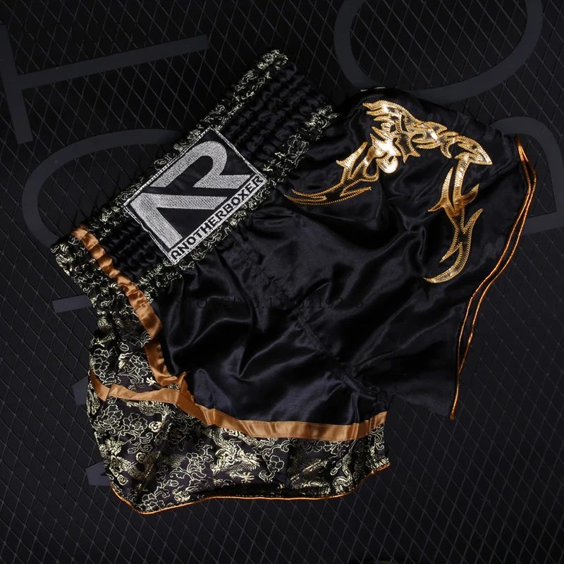 Muay Thai Shorts Black Gold Boxing Shorts Men Women Child Cage Fighting Kickboxing Pants Gym Martial Arts Combat Grappling Gear