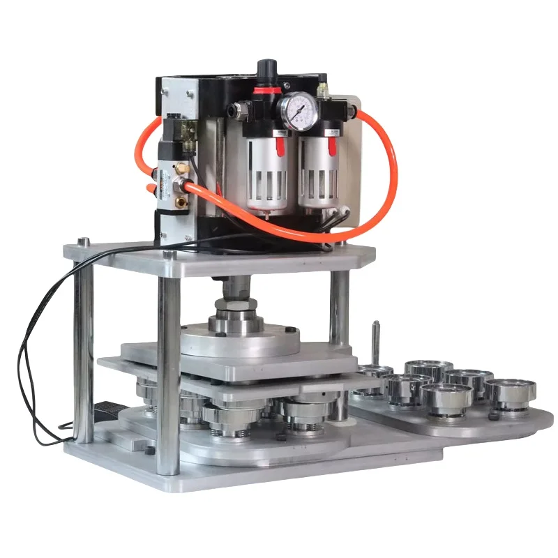 Automatic Pin Badge Maker Pneumatic 25-75mm Button Maker Machine with 6pcs 32-58mm Round Mould for Button Badge Creation