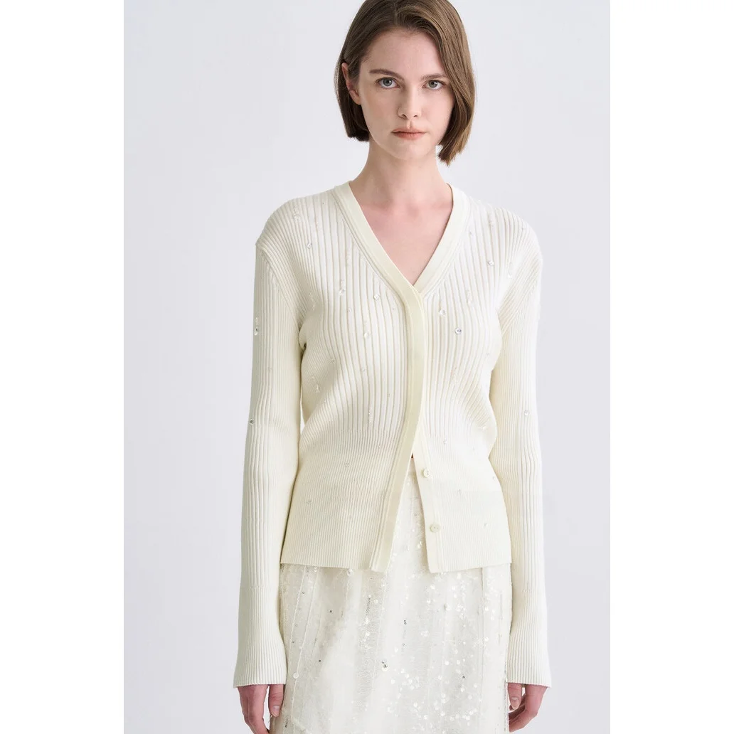 

Early Autumn Knitted Sweater V-Ne Sparkling Diamond Elastic Commute Versatile Slimming Top Korean Sle Long Sve Button ...