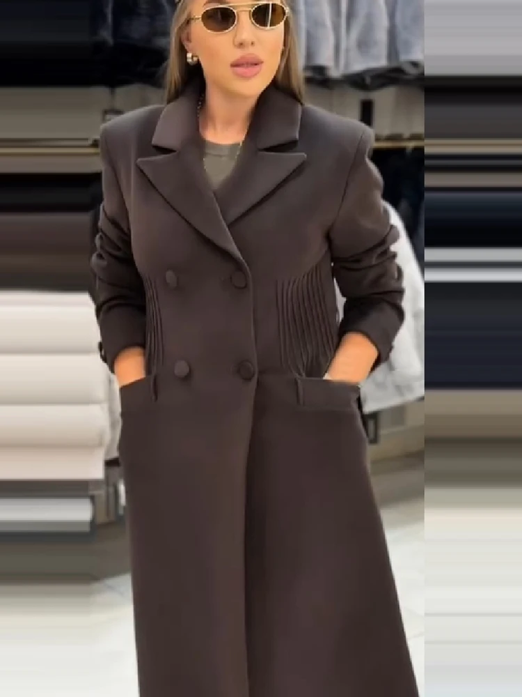 Women's Elegant Long Wool Blend Coat Notched Lapel Double Breasted Waist Pleated Slim Fit Maxi Overcoat Pockets Formal Outerwear
