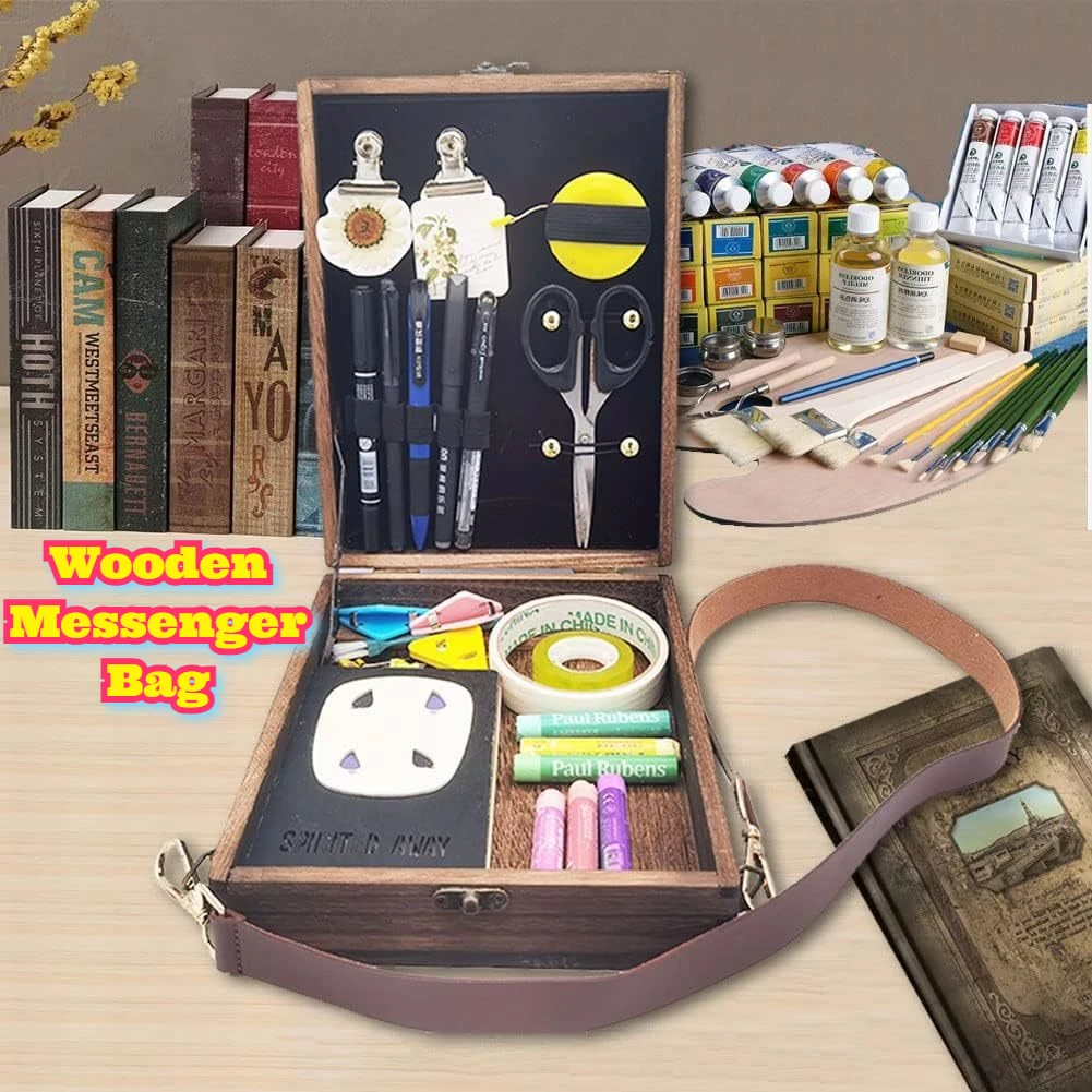 

Wooden Messenger Bag Chinese Style Vintage Literary Writer Box Crossbody Storage Bag Daily Carry Organizer Notebook Pen Case