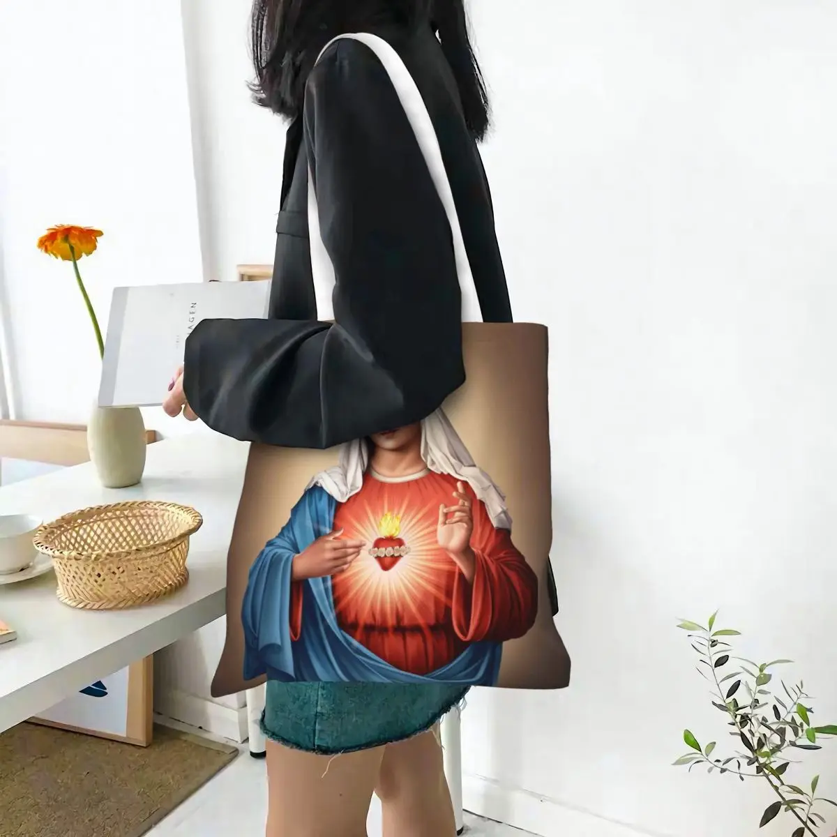 Heart Of Mary Catholic Canvas Tote Bag Fashion Large Capacity Grocery Bag for Women Christ Christian Student Bags