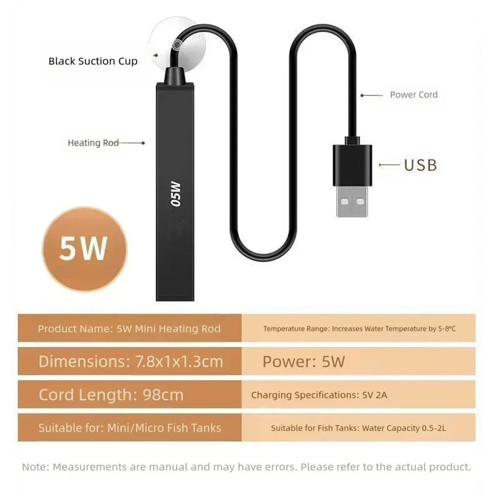 USB Fish Tank Heating Rod Stainless Steel Automatic Temperature Control Suitable for Stable Aquatic Environment