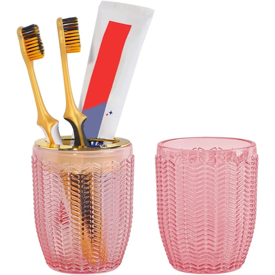 

Pink Toothbrush Holders for Bathrooms Glass Toothbrush Holder and Bathroom Tumbler Cup 10oz Bathroom Storage Cups Gold Tooth Br
