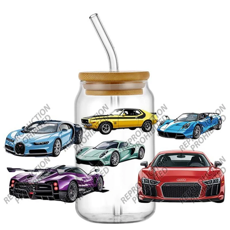 Popular Sports car series 16oz UV DTF 3D Transfer Sticker Decals For Glass Can Cup wrap Craft DIY Gift Creative view 5