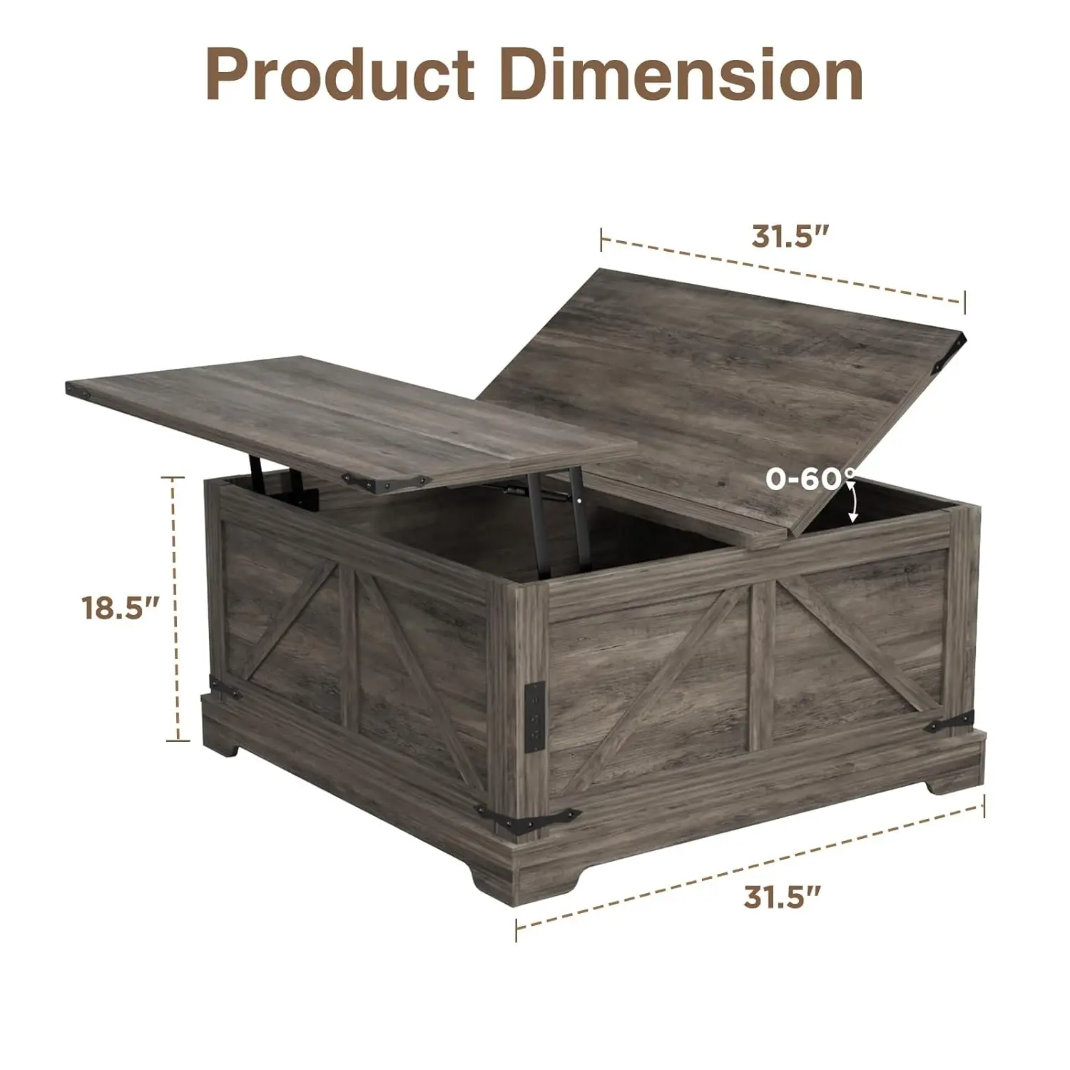 

Журнальный столик с местом для хранения, 31,5 дюйма Ш, деревянный квадратный центральный стол с подъемной столешницей для фермерского дома и зарядной станцией, деревенский коктейль T